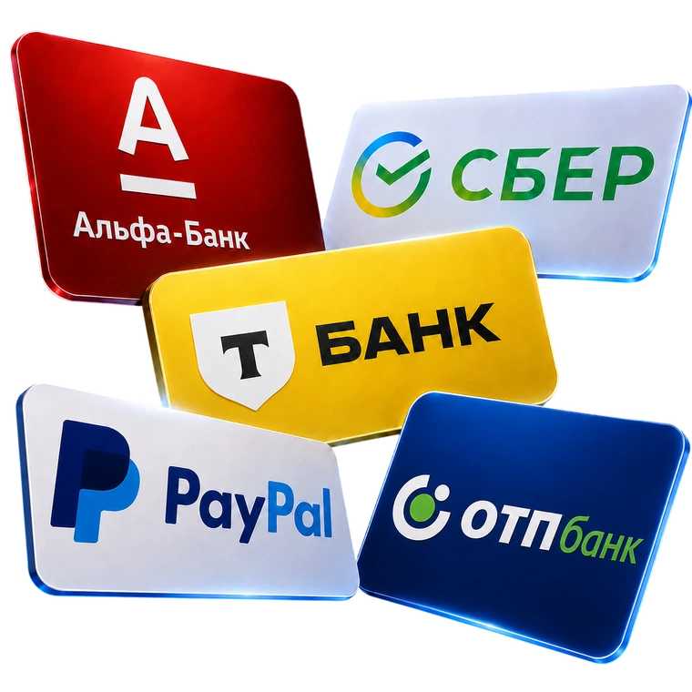Оплата: Сбер, Т-Банк, Альфа-Банк, ОТП Банк, PayPal